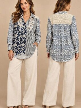Soft Surroundings Blue & White Floral Button Down (070807) 🌼 ☀️